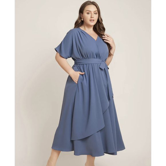 Bloomchic Plain Dolman Sleeve Pocket Stone Blue Flutter Midi Dress 1X NWT - Picture 4 of 7
